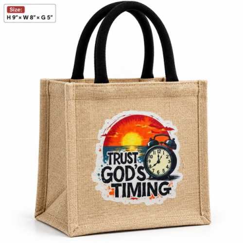 Trust God’s Timing Jute Cotton Lunch Bag | Multipurpose Carry Bag